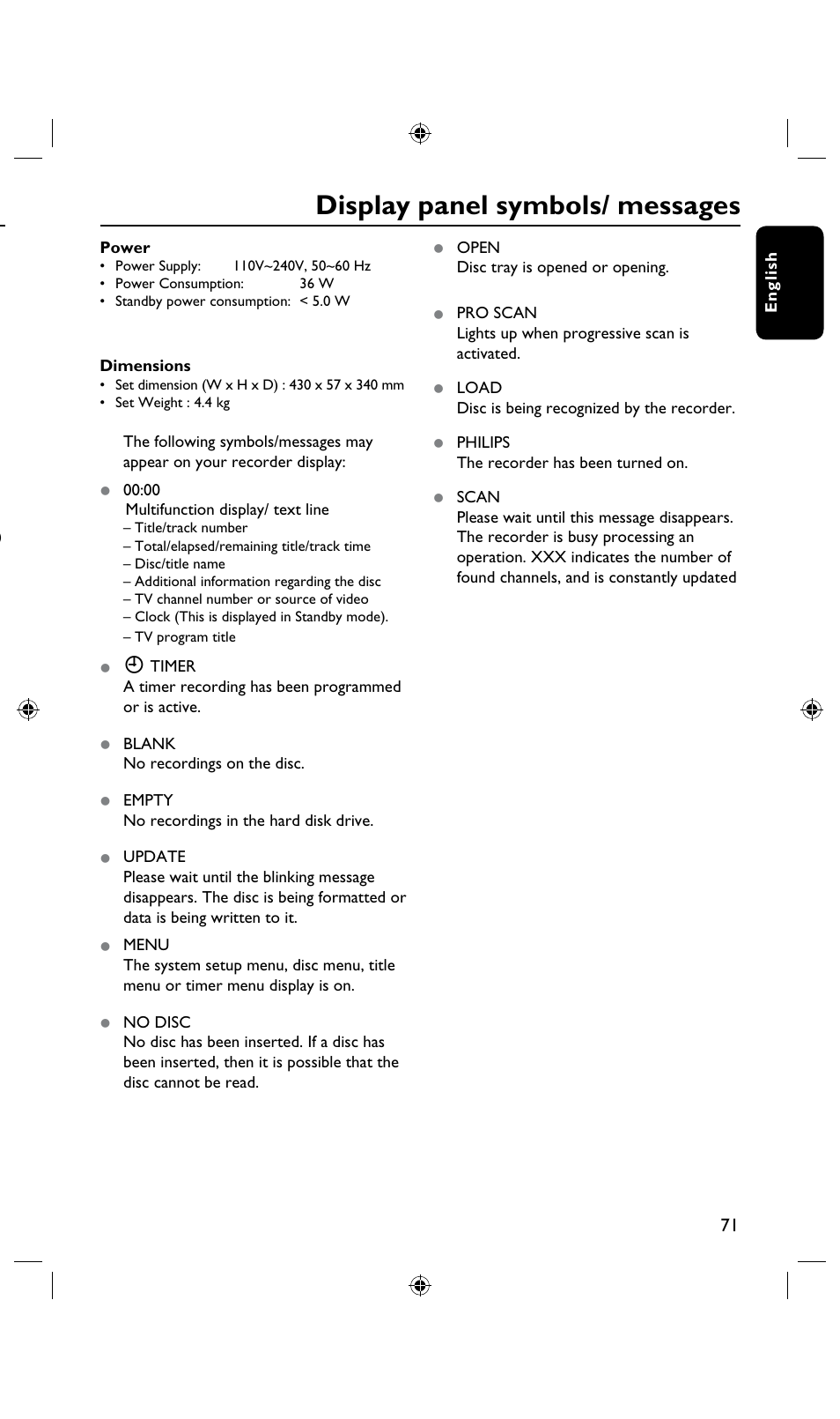 Specifications display panel symbols/ messages | Philips DVDR3435H User Manual | Page 71 / 73