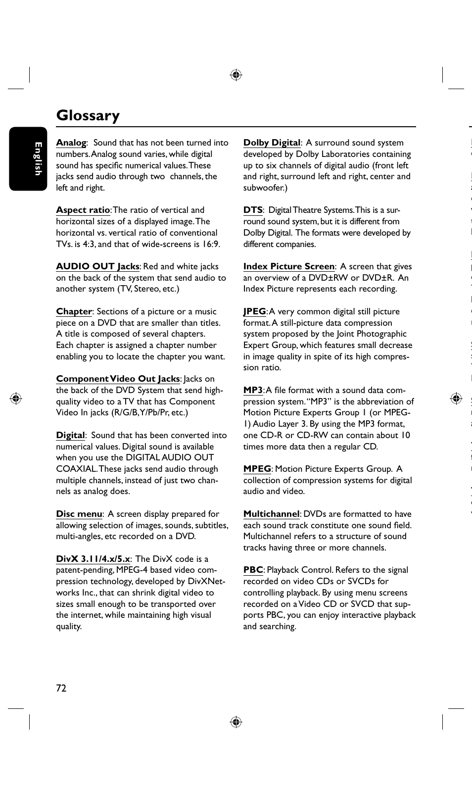 Glossary | Philips DVDR3435H User Manual | Page 72 / 73