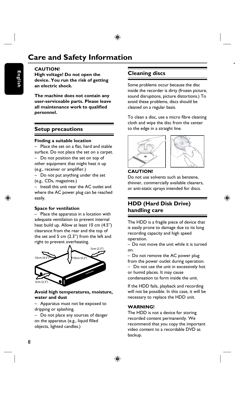 Care and safety information, General information, Setup precautions | Cleaning discs, Hdd (hard disk drive) handling care, Introduction | Philips DVDR3435H User Manual | Page 8 / 73