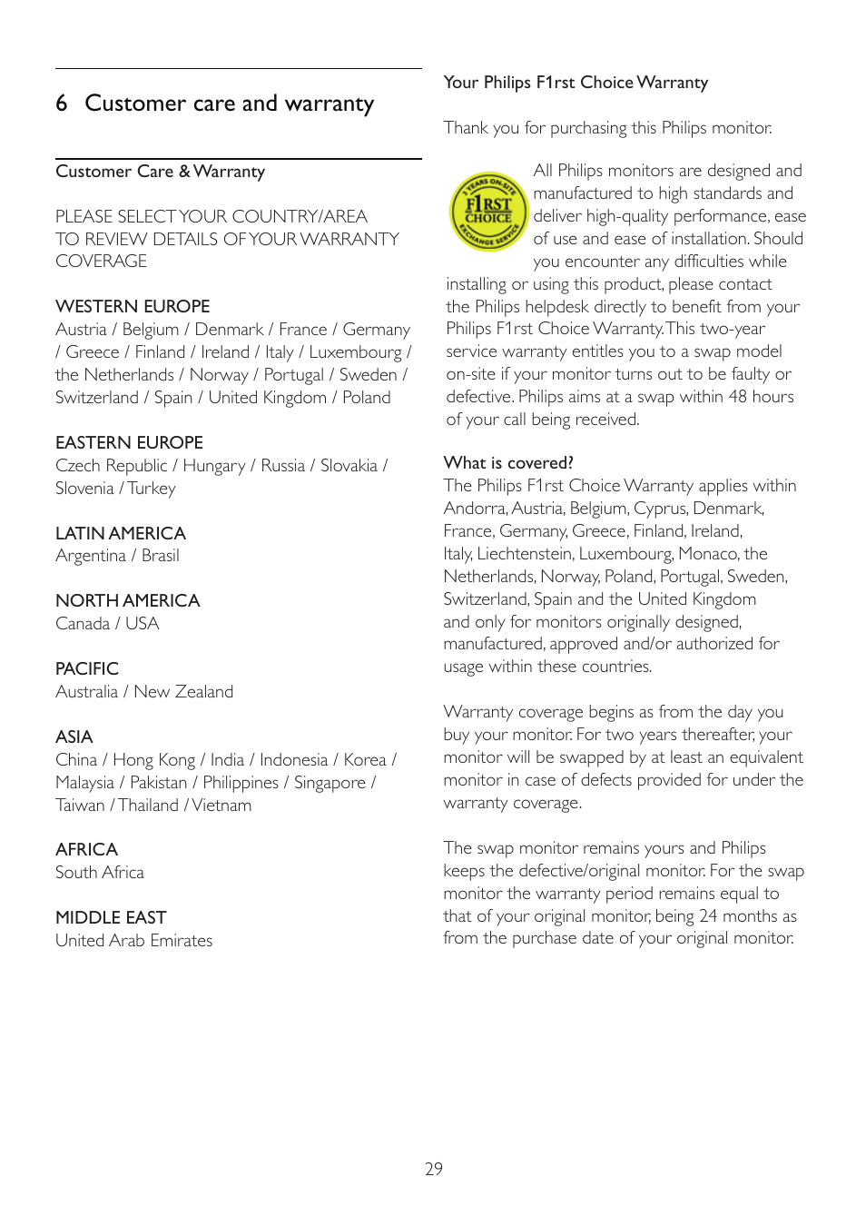 6 customer care and warranty | Philips 1.92E+04 User Manual | Page 31 / 49