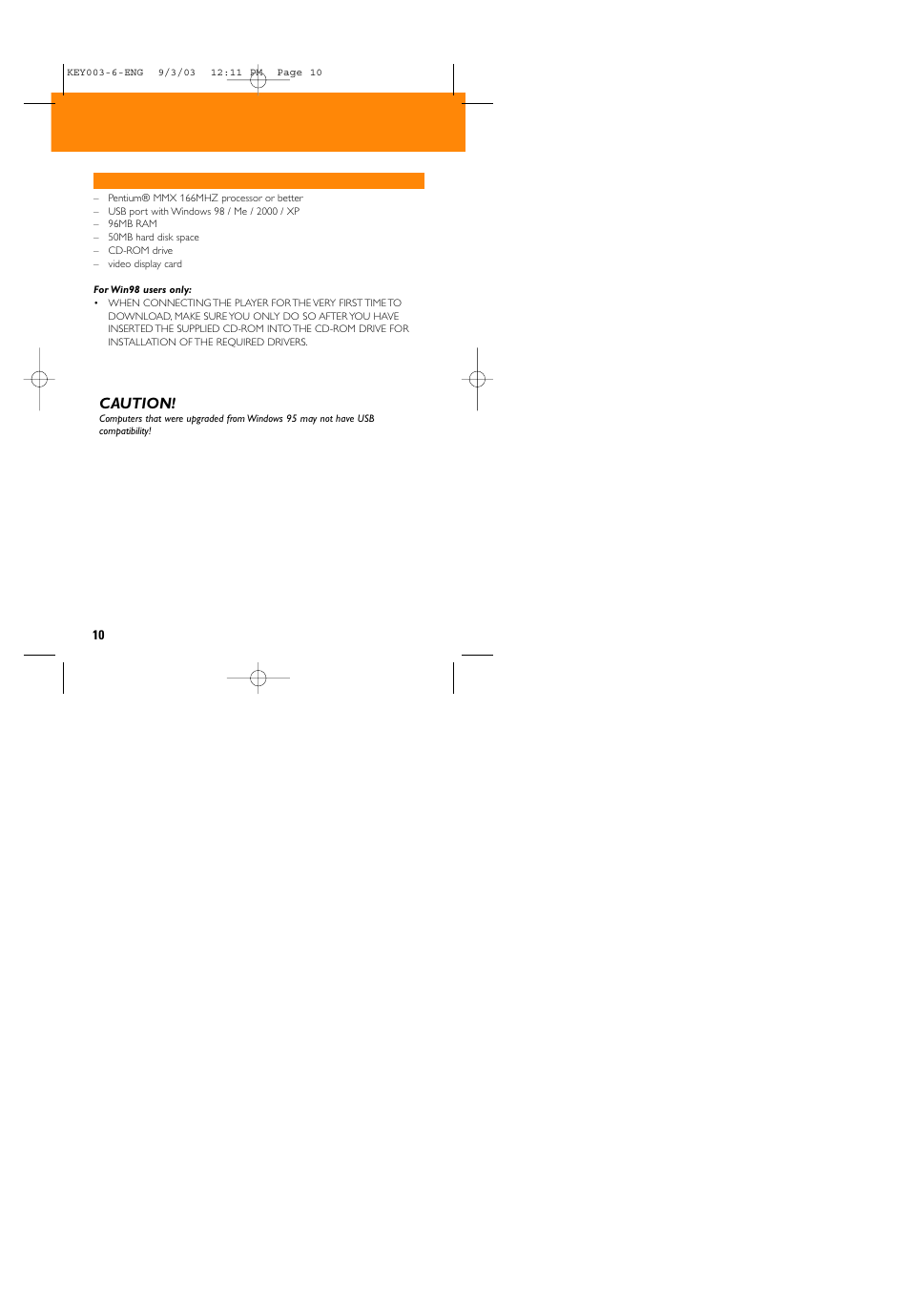 Minimum computer system requirements, Caution | Philips 005 User Manual | Page 10 / 26