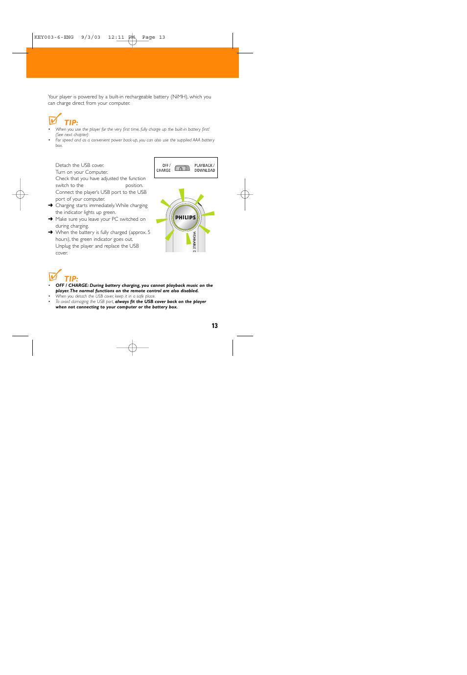 Usb power supply | Philips 005 User Manual | Page 13 / 26