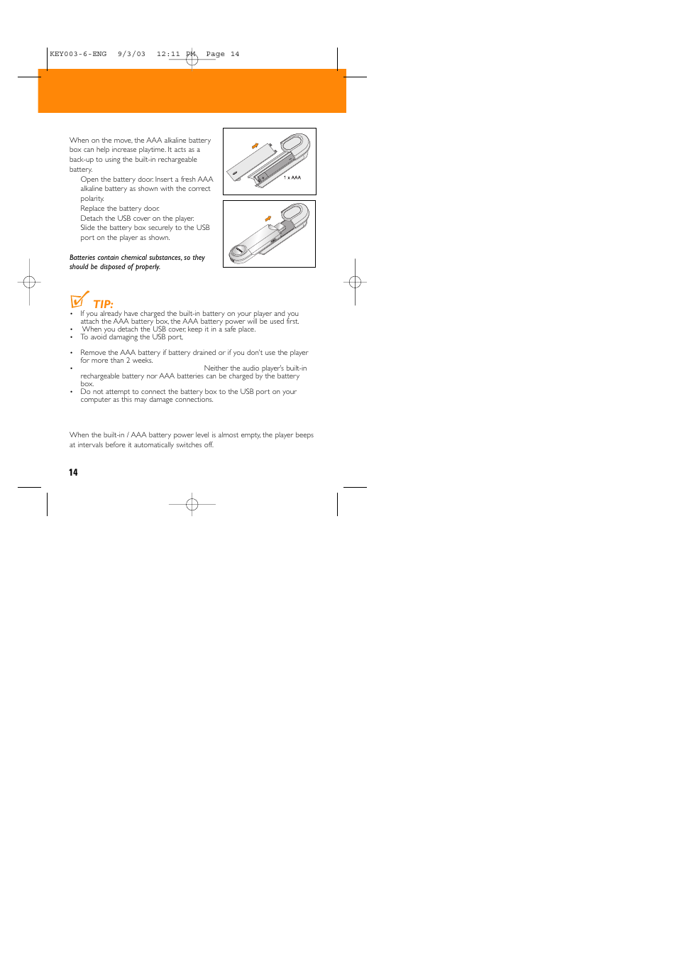 Aaa battery | Philips 005 User Manual | Page 14 / 26