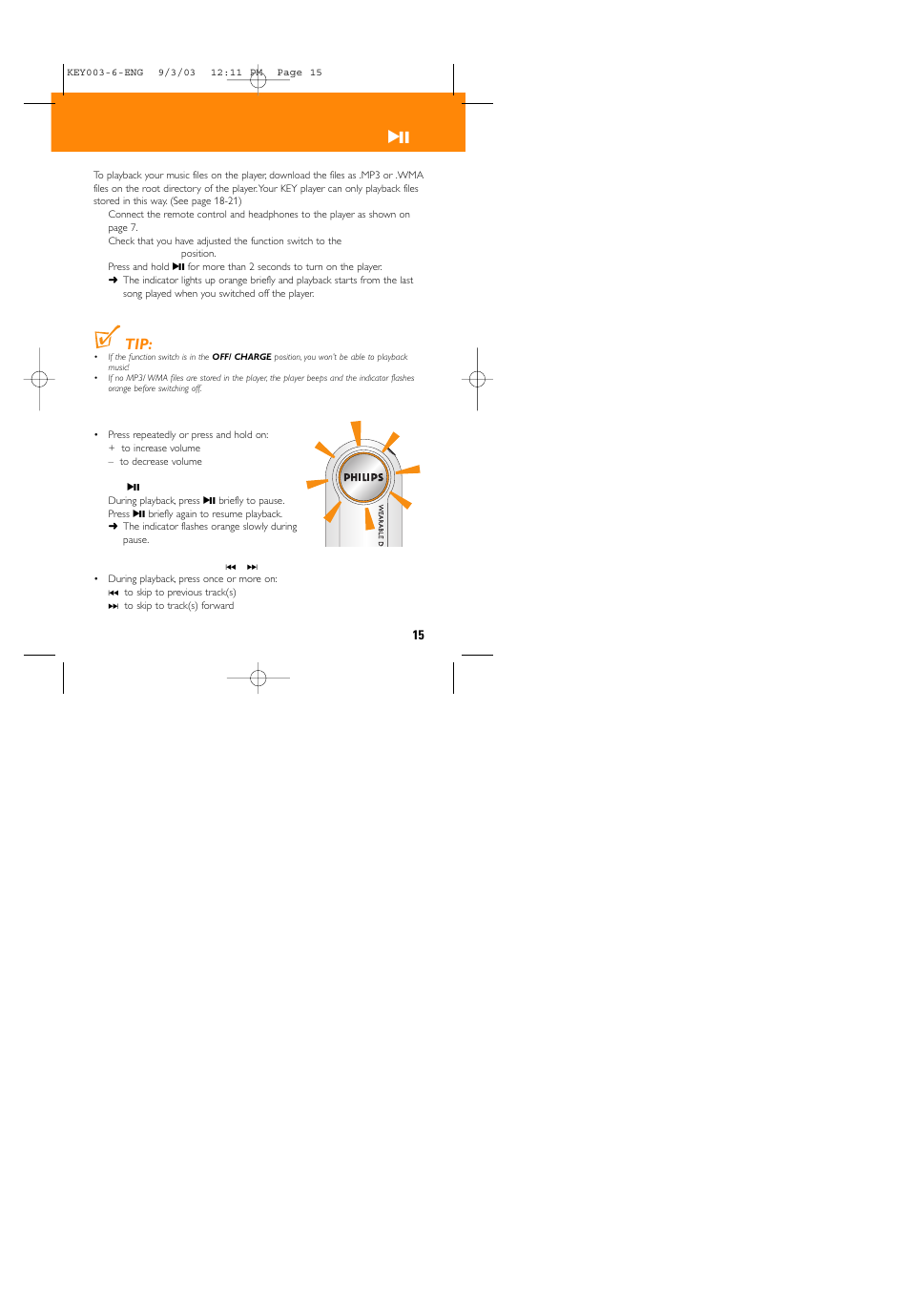 Switching on, playback 2 | Philips 005 User Manual | Page 15 / 26