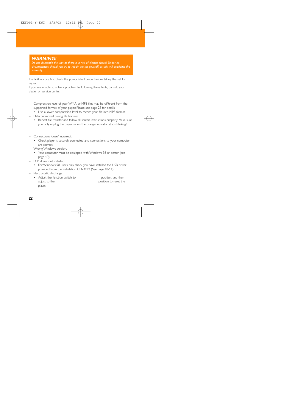 Troubleshooting, Warning | Philips 005 User Manual | Page 22 / 26