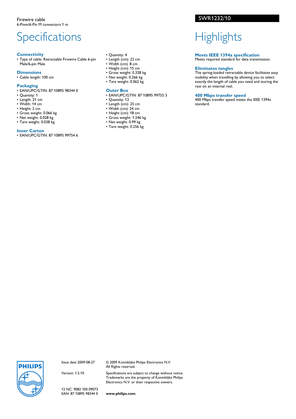 Specifications, Highlights, Philips | Philips SWR1232/10 User Manual | Page 2 / 2