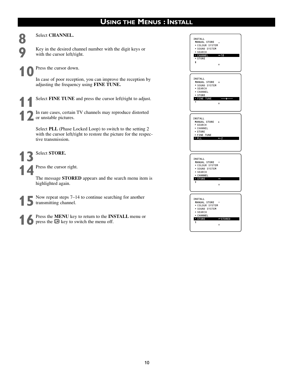 Sing the, Enus, Nstall | Philips 50PP8541 User Manual | Page 10 / 47