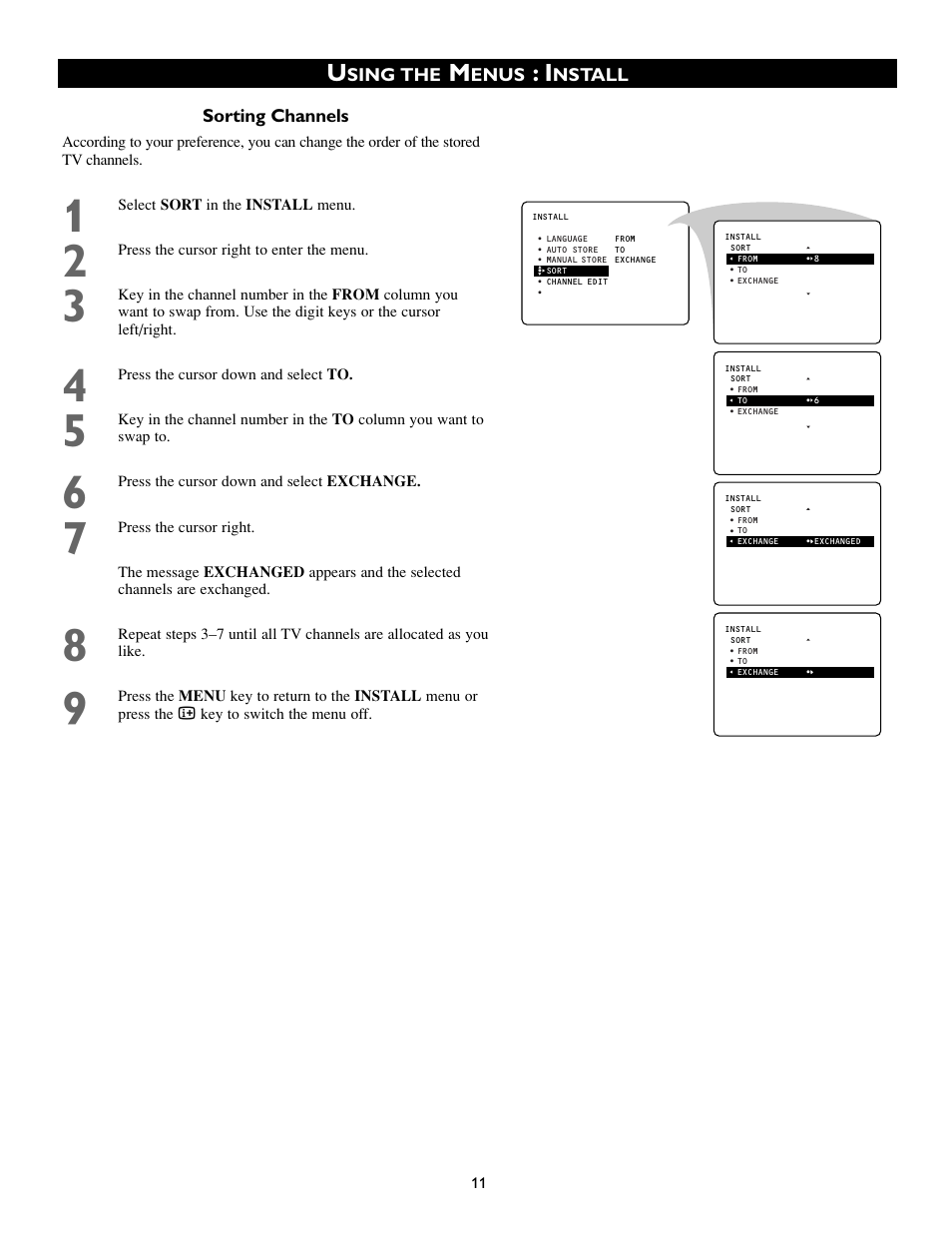 Sorting channels, Sing the, Enus | Nstall | Philips 50PP8541 User Manual | Page 11 / 47