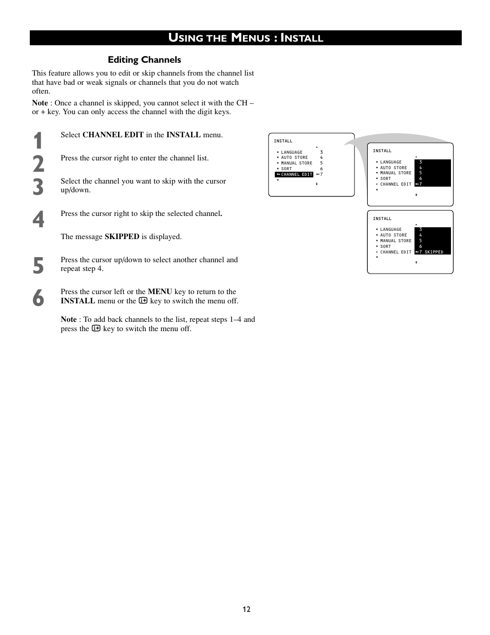 Editing channels, Sing the, Enus | Nstall | Philips 50PP8541 User Manual | Page 12 / 47