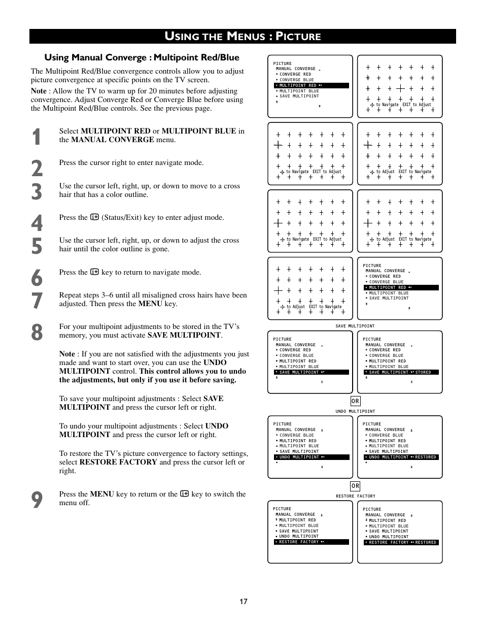 Sing the, Enus, Icture using manual converge : multipoint red/blue | Philips 50PP8541 User Manual | Page 17 / 47