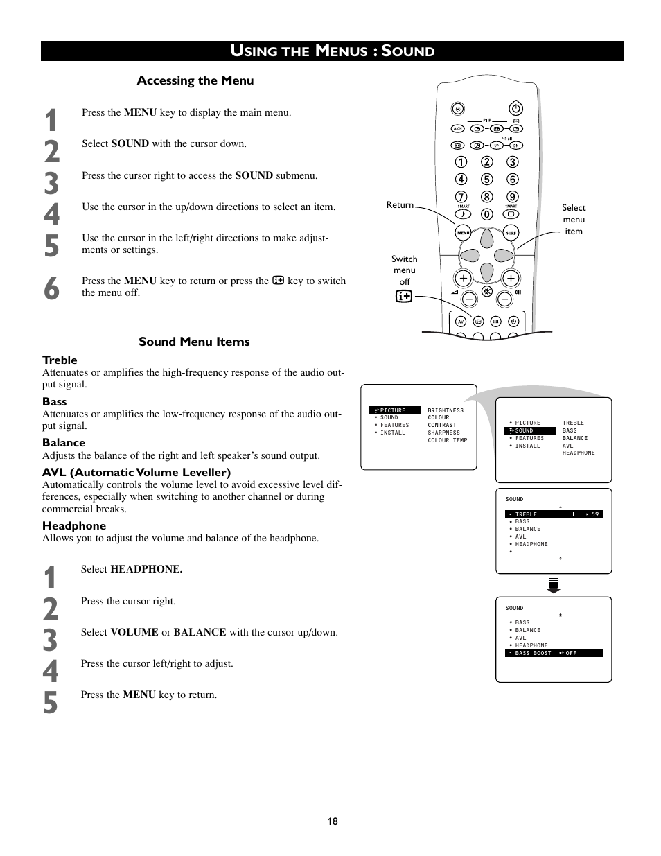 Sing the, Enus, Ound sound menu items | Accessing the menu | Philips 50PP8541 User Manual | Page 18 / 47