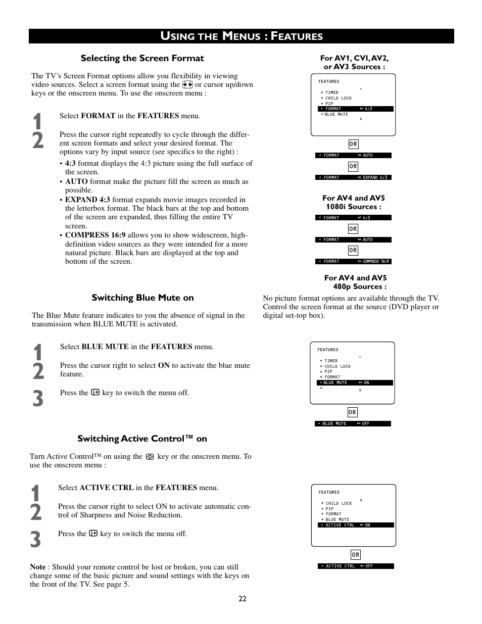 Sing the, Enus, Eatures selecting the screen format | Switching active control™ on, Switching blue mute on | Philips 50PP8541 User Manual | Page 22 / 47