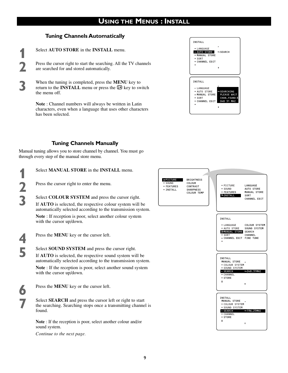 Tuning channels automatically, Sing the, Enus | Nstall tuning channels manually | Philips 50PP8541 User Manual | Page 9 / 47