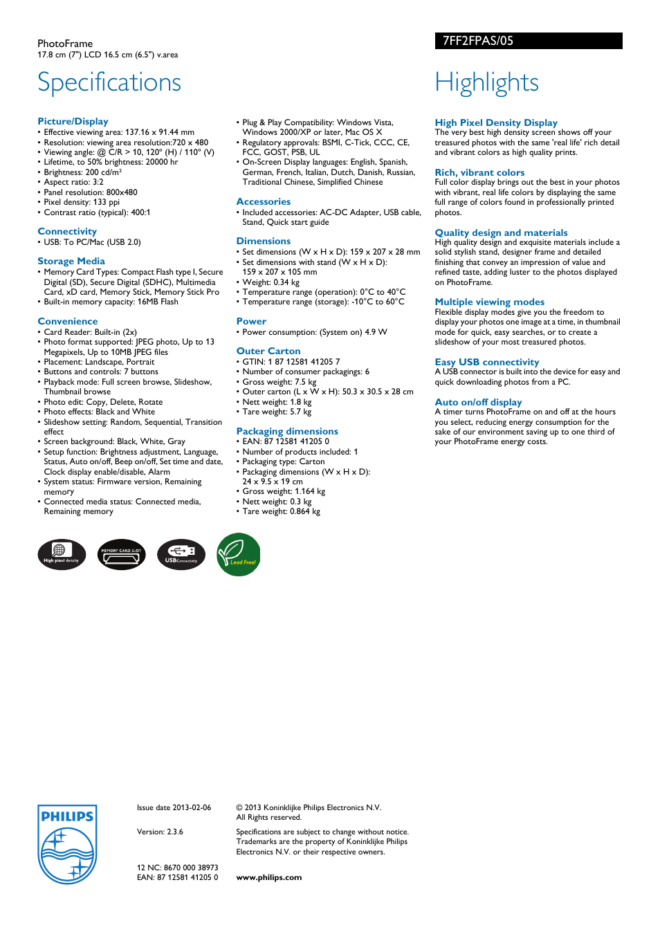 Specifications, Highlights, 7ff2fpas/05 | Philips 7FF2FPAS/05 User Manual | Page 2 / 2