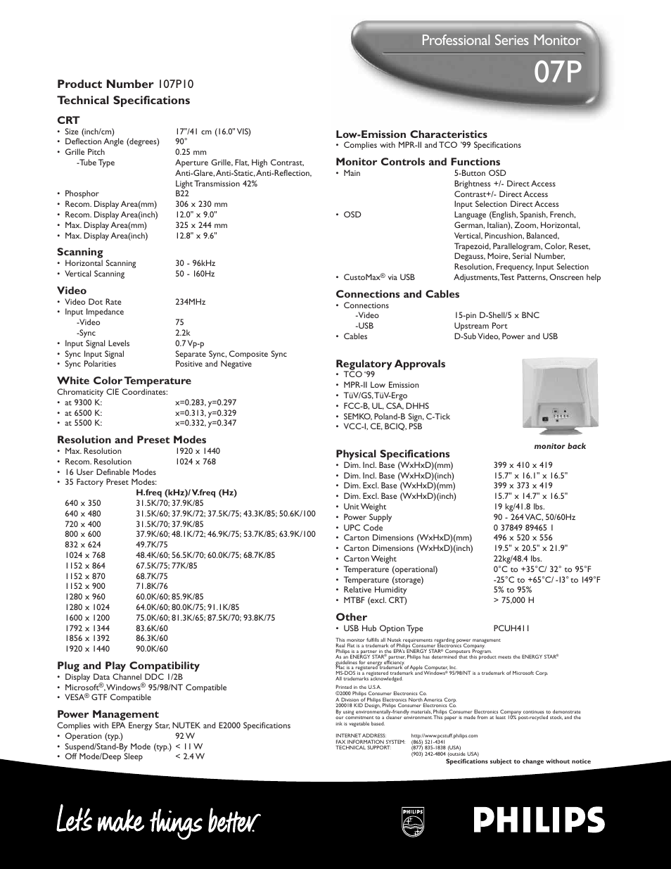 107p, Professional series monitor | Philips 107P107P User Manual | Page 2 / 2