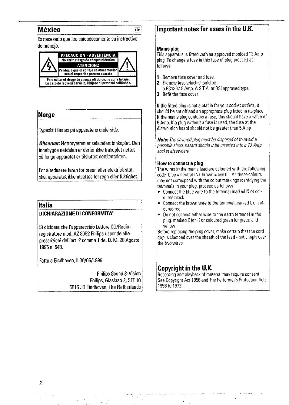 Norge, Italia, Dichiarazione di conformità | Important notes for users in the u.k, Mains plug, Howto connect a plug, Copyright in the u.k, México | Philips AZ8052 User Manual | Page 2 / 18