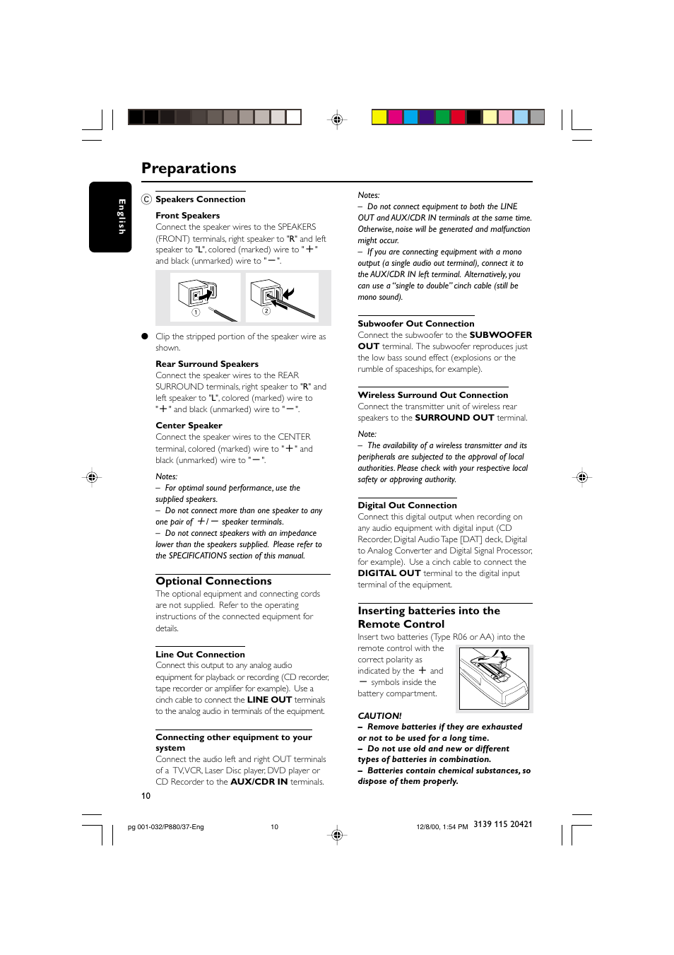 Preparations, Optional connections, Inserting batteries into the remote control | Philips FW P880 User Manual | Page 10 / 32