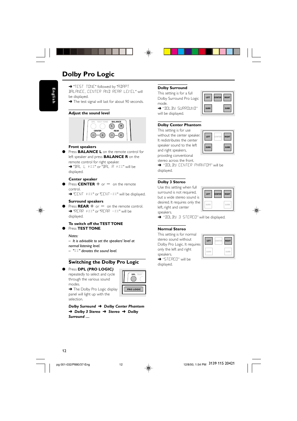 Dolby pro logic, Switching the dolby pro logic | Philips FW P880 User Manual | Page 12 / 32