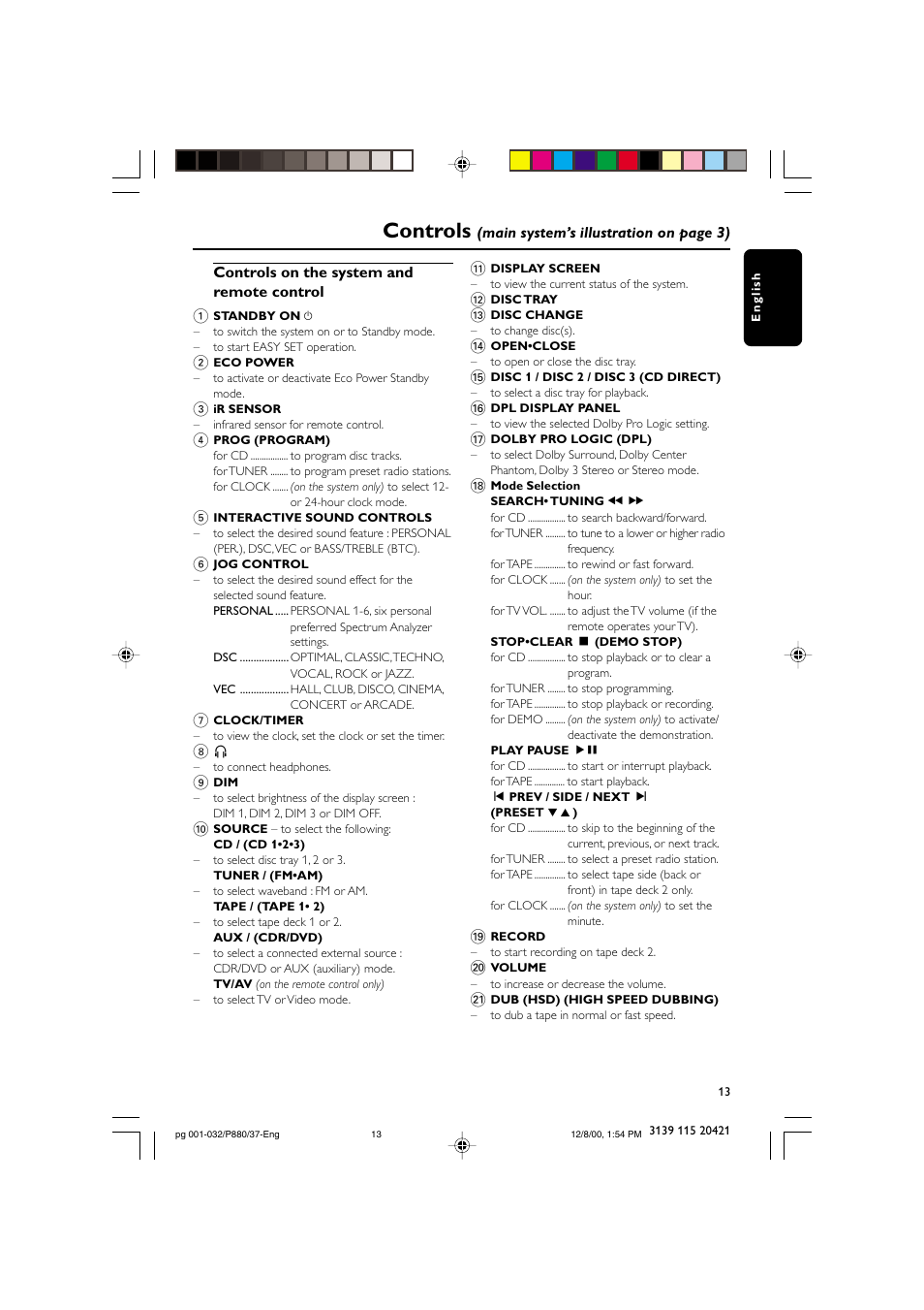 Controls | Philips FW P880 User Manual | Page 13 / 32