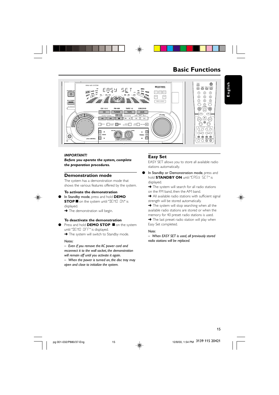 Basic functions, Demonstration mode, Easy set | Philips FW P880 User Manual | Page 15 / 32