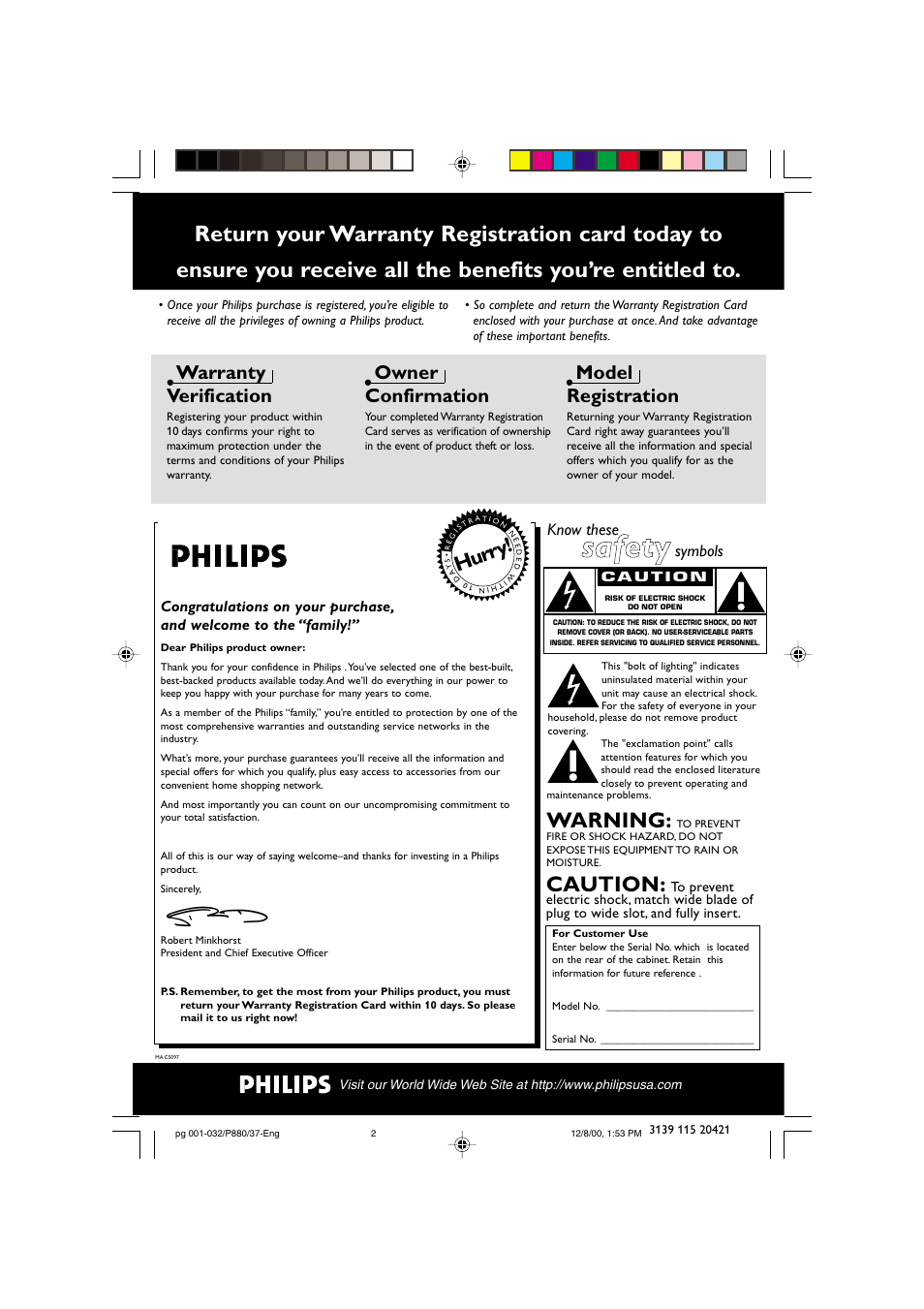 Safety, Hur ry, Caution | Warning, Warranty verification, Owner confirmation, Model registration | Philips FW P880 User Manual | Page 2 / 32