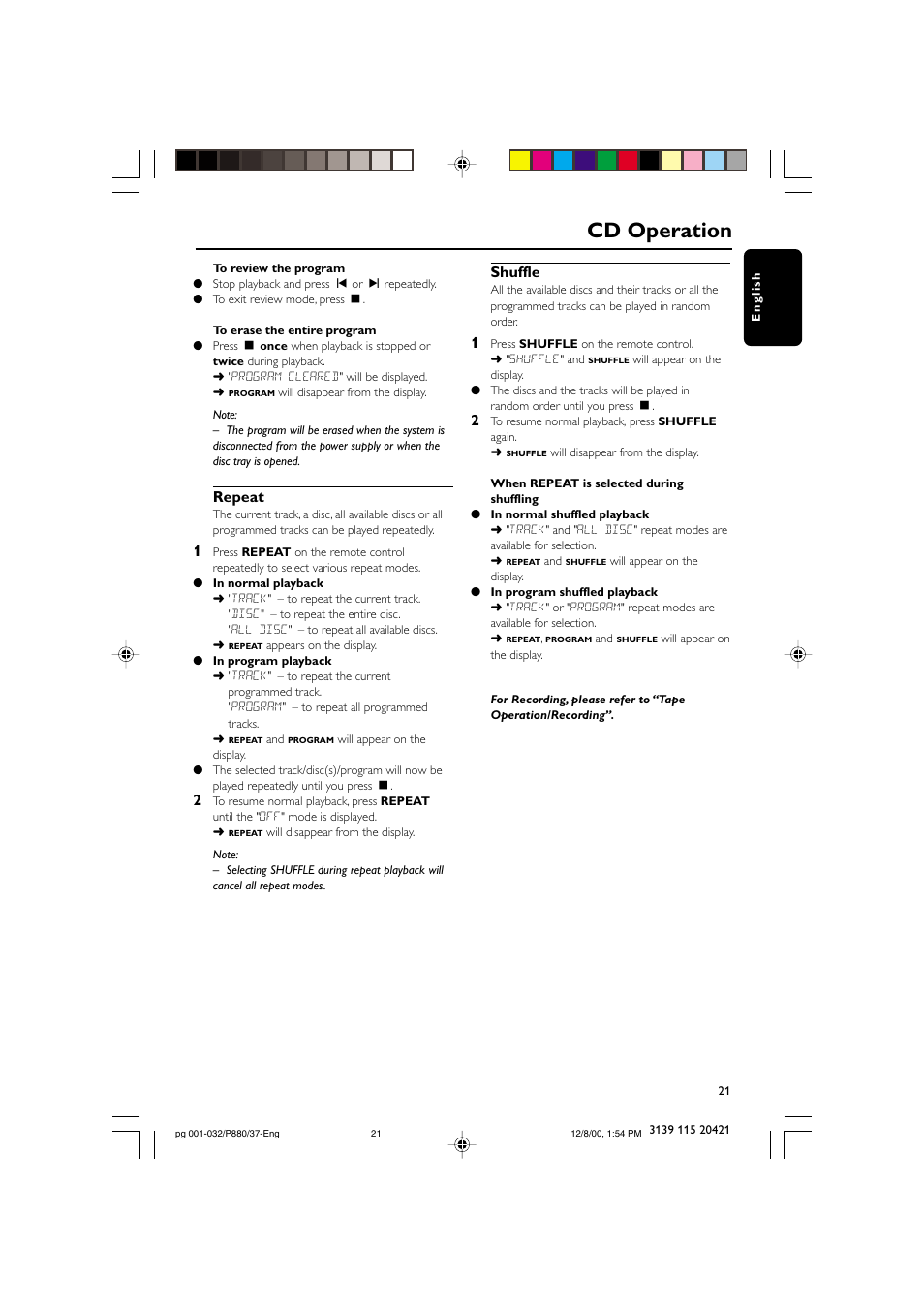 Cd operation, Repeat, Shuffle | Philips FW P880 User Manual | Page 21 / 32