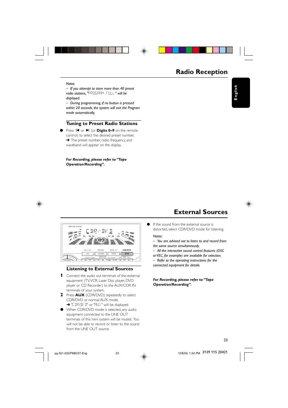 Radio reception external sources, Tuning to preset radio stations, Listening to external sources 1 | Philips FW P880 User Manual | Page 23 / 32