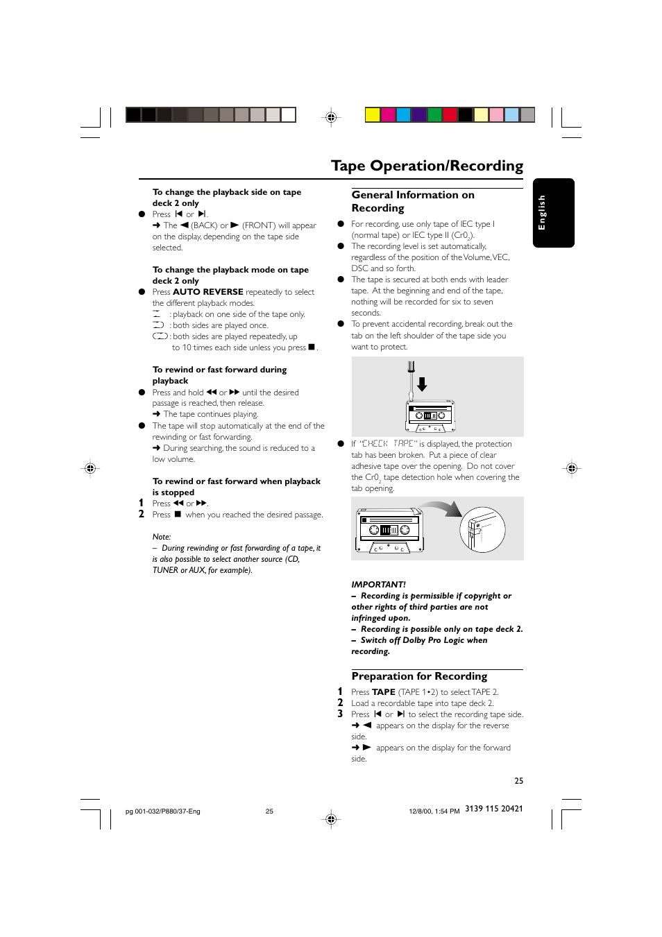Tape operation/recording, General information on recording, Preparation for recording 1 | Philips FW P880 User Manual | Page 25 / 32