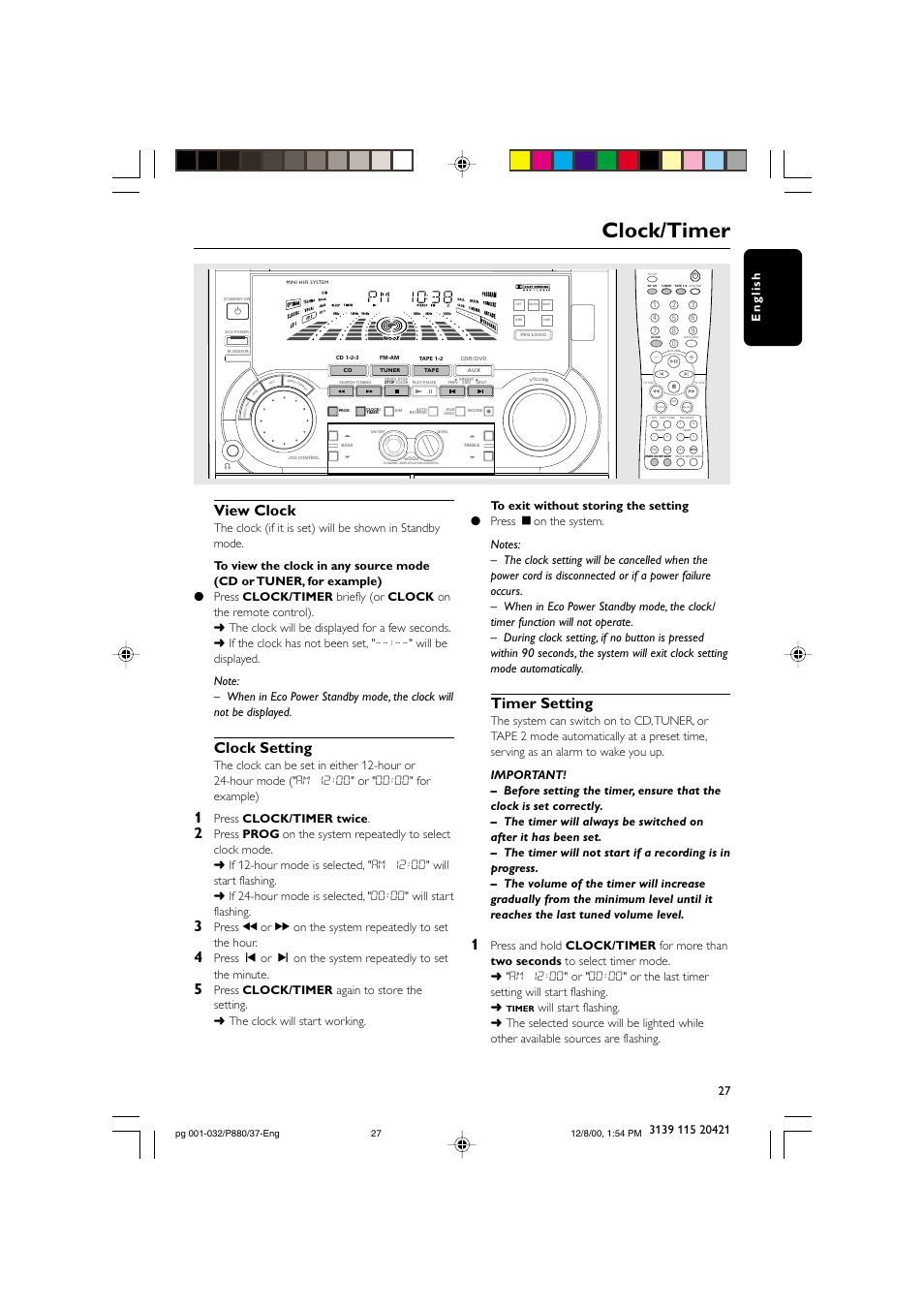 Clock/timer, View clock, Clock setting | Timer setting, Press clock/timer twice | Philips FW P880 User Manual | Page 27 / 32