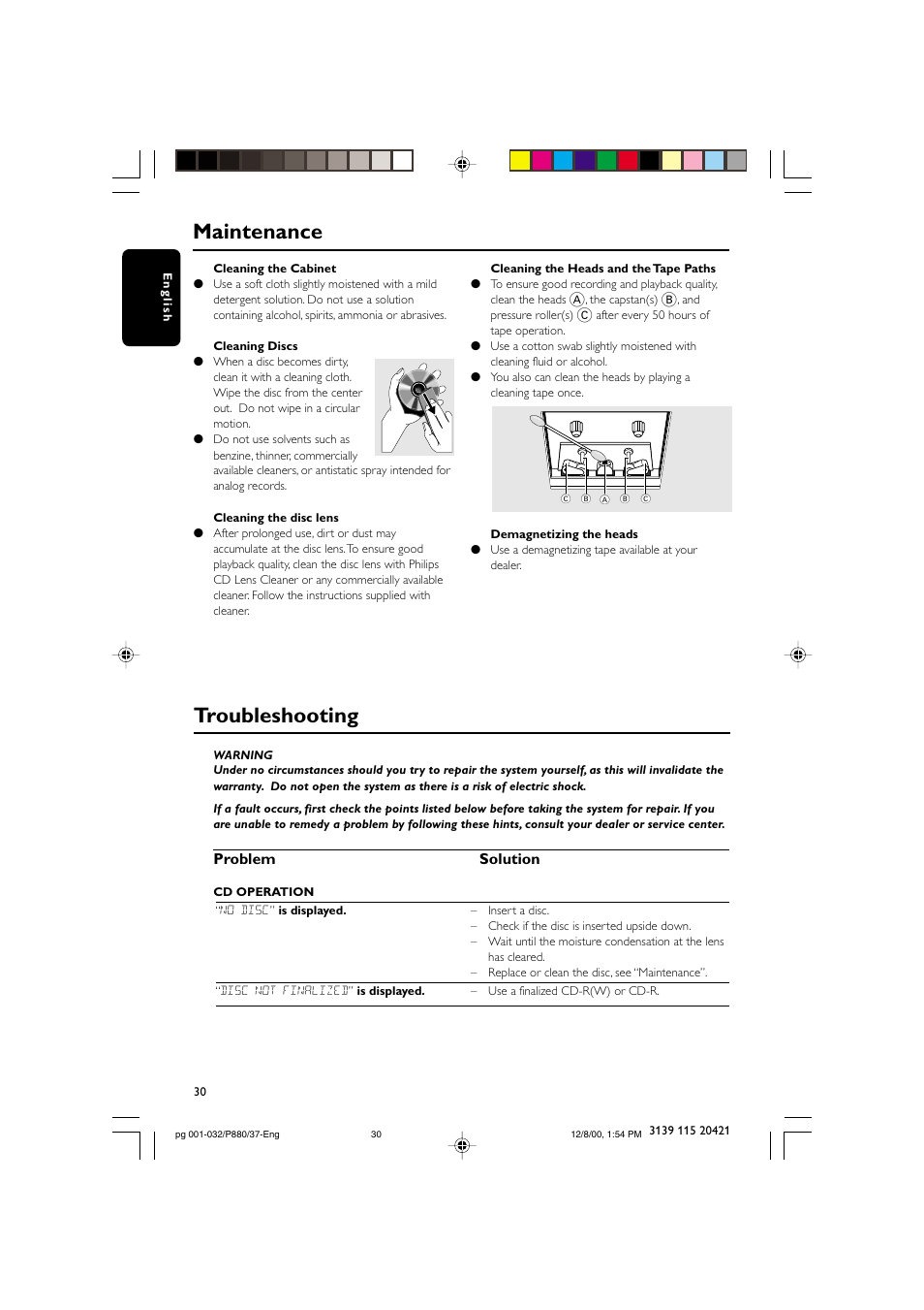 Maintenance, Troubleshooting, Problem solution | Philips FW P880 User Manual | Page 30 / 32