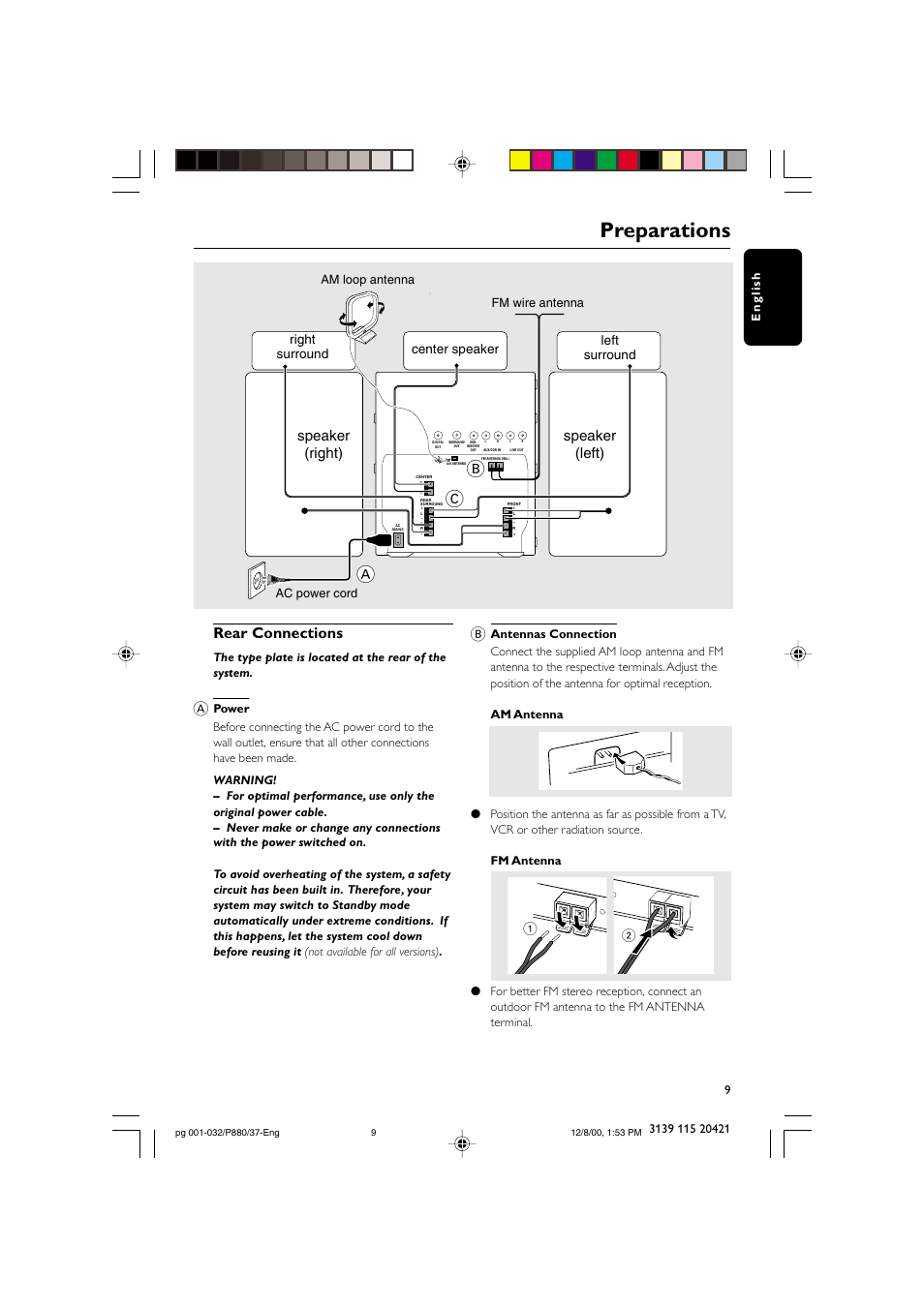 Preparations, Rear connections, Speaker (right) | Speaker (left), Center speaker, Left surround right surround | Philips FW P880 User Manual | Page 9 / 32