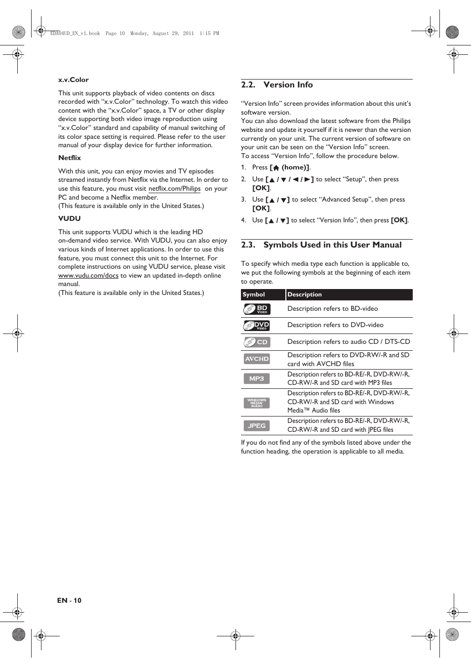 Version info, Symbols used in this user manual | Philips HTS3306/F8 User Manual | Page 10 / 56