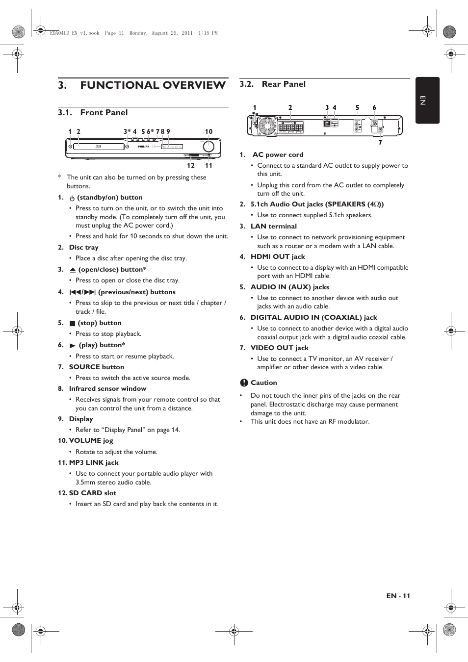 Functional overview, Front panel, Rear panel | Philips HTS3306/F8 User Manual | Page 11 / 56