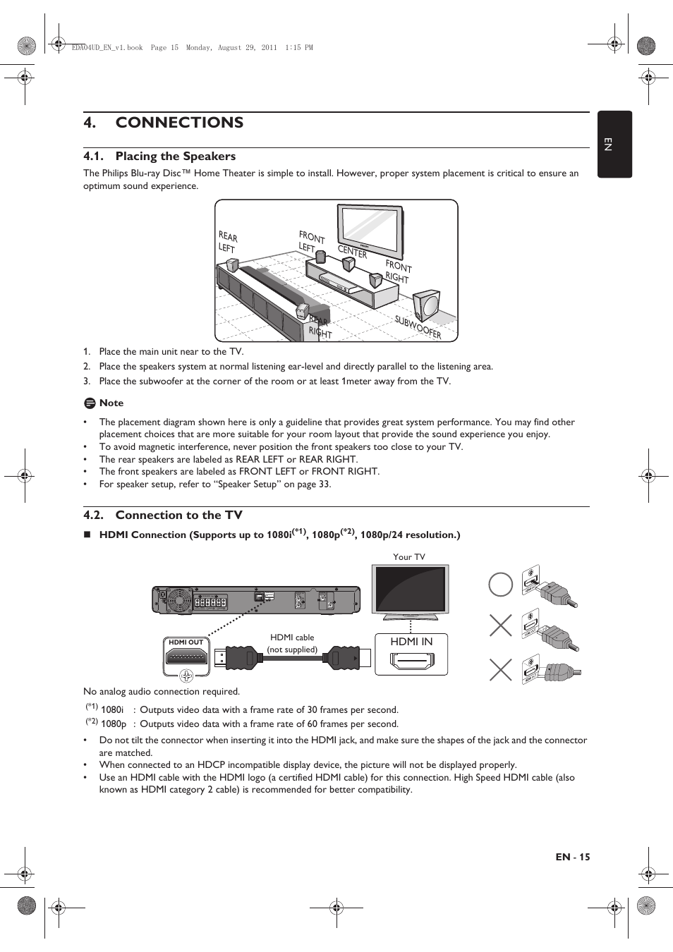 Connections, Placing the speakers, Connection to the tv | Philips HTS3306/F8 User Manual | Page 15 / 56