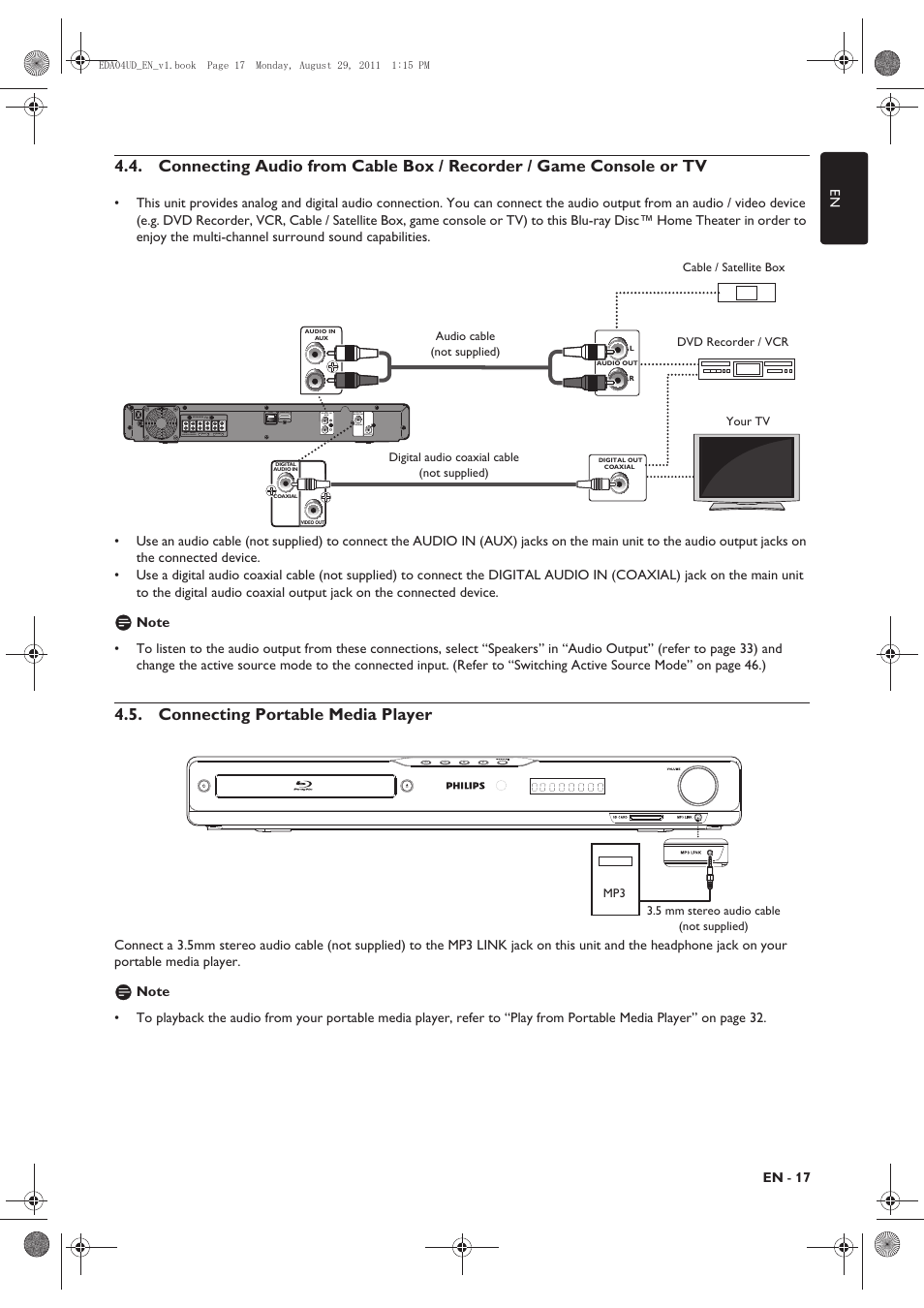 Connecting portable media player, En - 17 en, Sub- woofer front center rear front | Philips HTS3306/F8 User Manual | Page 17 / 56