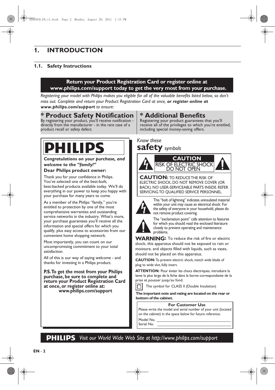 Introduction, Safety instructions, Safety | Additional benefits, Product safety notification | Philips HTS3306/F8 User Manual | Page 2 / 56