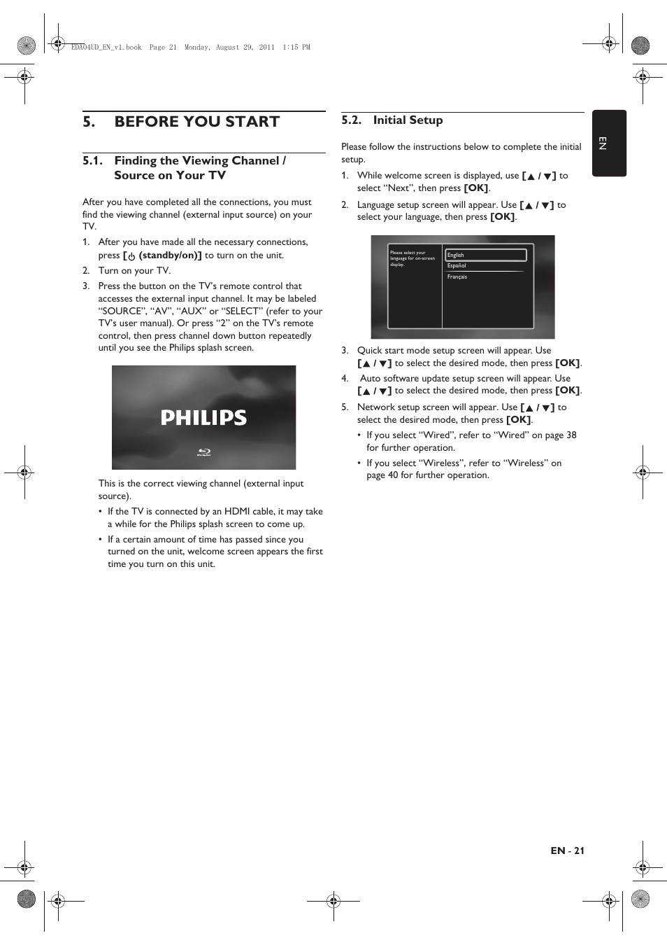 Before you start, Finding the viewing channel / source on your tv, Initial setup | Philips HTS3306/F8 User Manual | Page 21 / 56