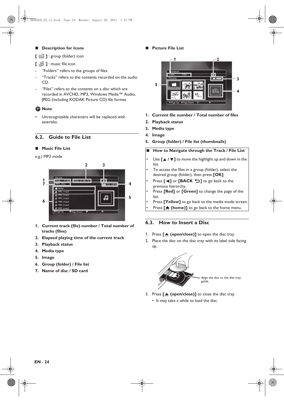 Guide to file list, How to insert a disc | Philips HTS3306/F8 User Manual | Page 24 / 56