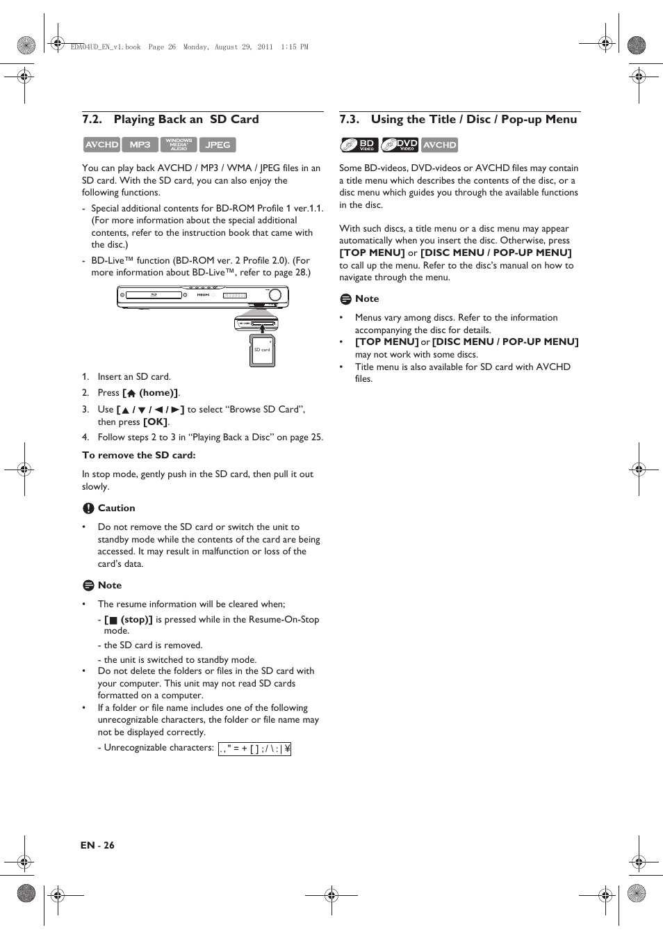 Playing back an sd card, Using the title / disc / pop-up menu | Philips HTS3306/F8 User Manual | Page 26 / 56