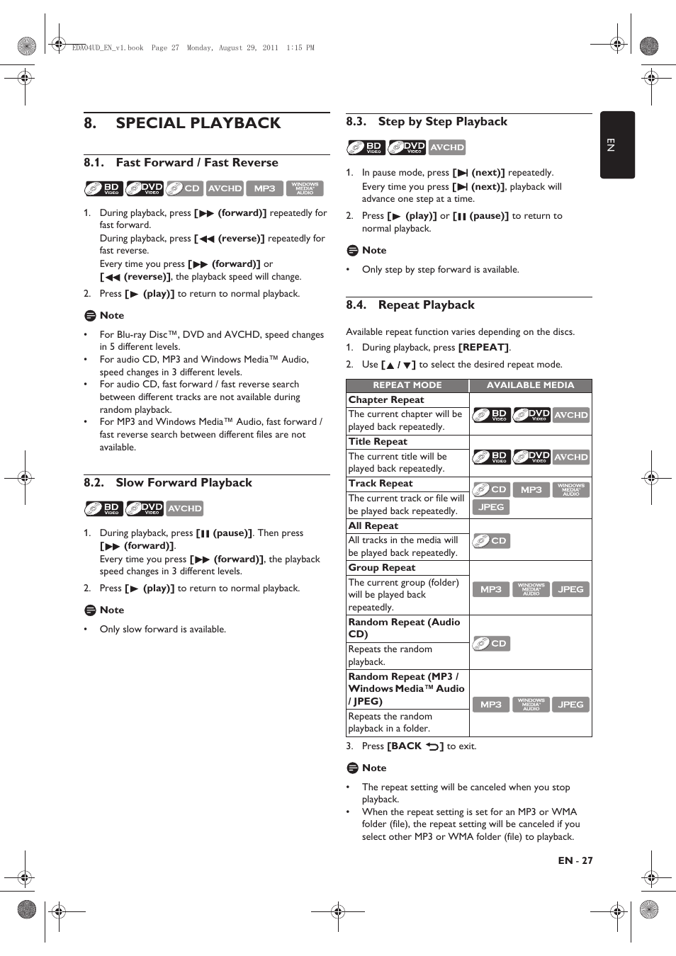 Special playback, Fast forward / fast reverse, Slow forward playback | Step by step playback, Repeat playback | Philips HTS3306/F8 User Manual | Page 27 / 56