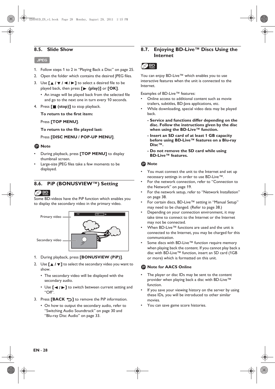 Slide show, Pip (bonusview™) setting, Enjoying bd-live™ discs using the internet | Philips HTS3306/F8 User Manual | Page 28 / 56