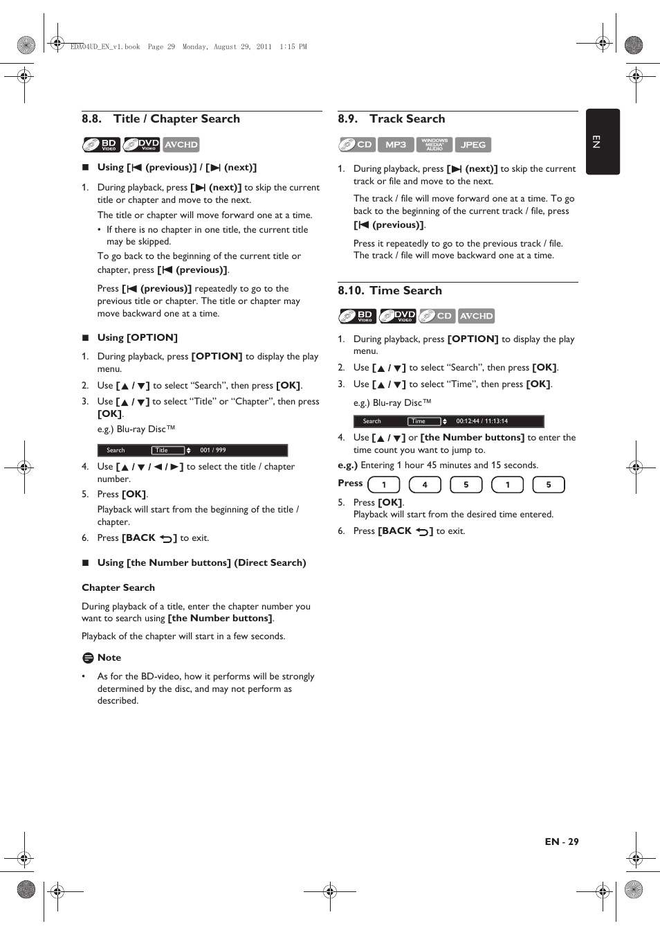 Title / chapter search, Track search, Time search | Philips HTS3306/F8 User Manual | Page 29 / 56