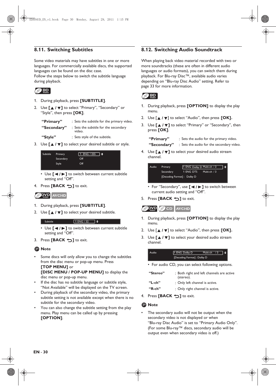 Switching subtitles, Switching audio soundtrack | Philips HTS3306/F8 User Manual | Page 30 / 56