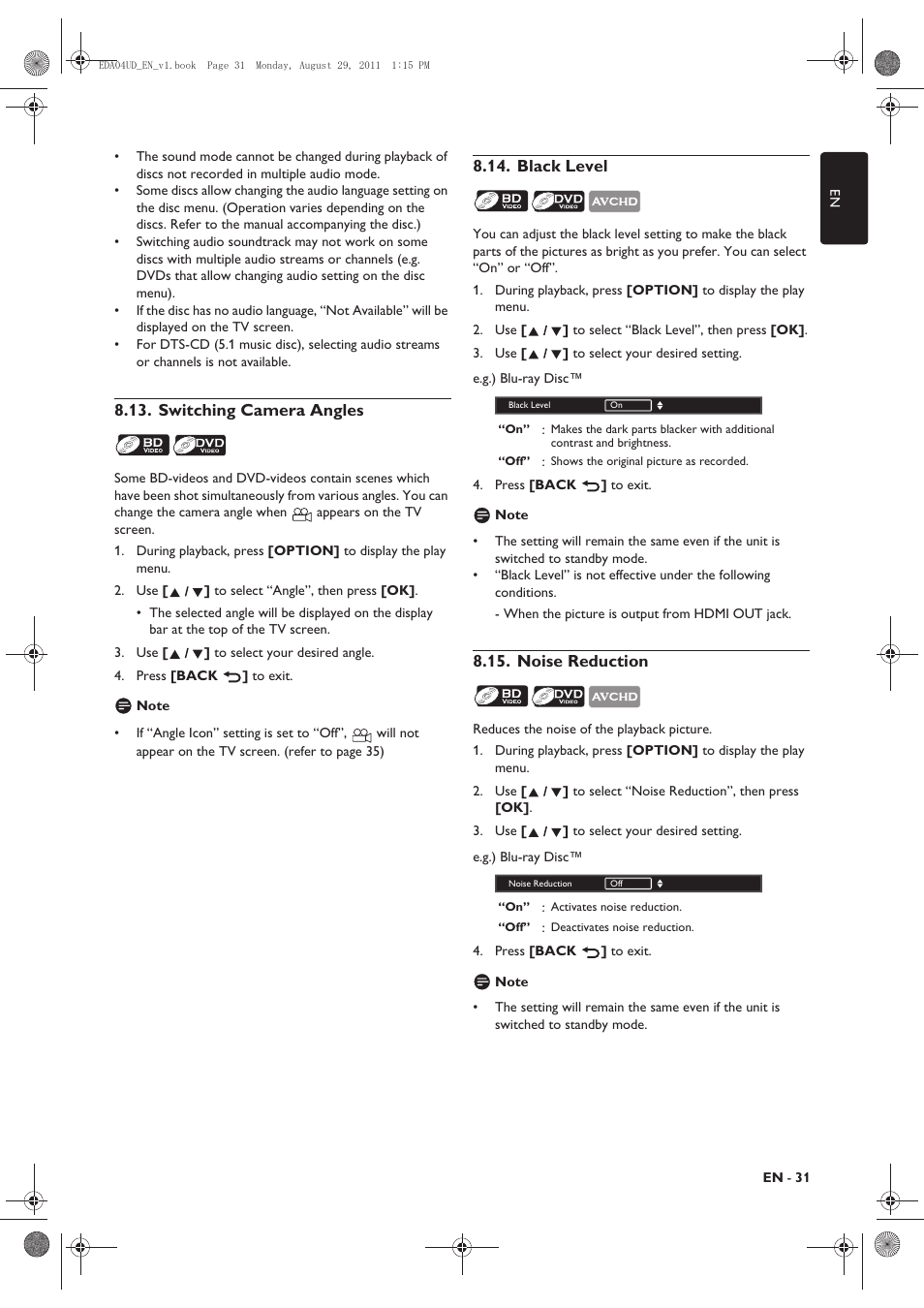 Switching camera angles, Black level, Noise reduction | Philips HTS3306/F8 User Manual | Page 31 / 56