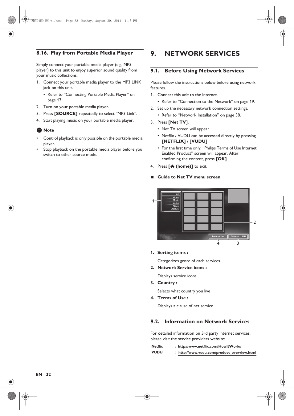 Play from portable media player, Network services, Before using network services | Information on network services | Philips HTS3306/F8 User Manual | Page 32 / 56