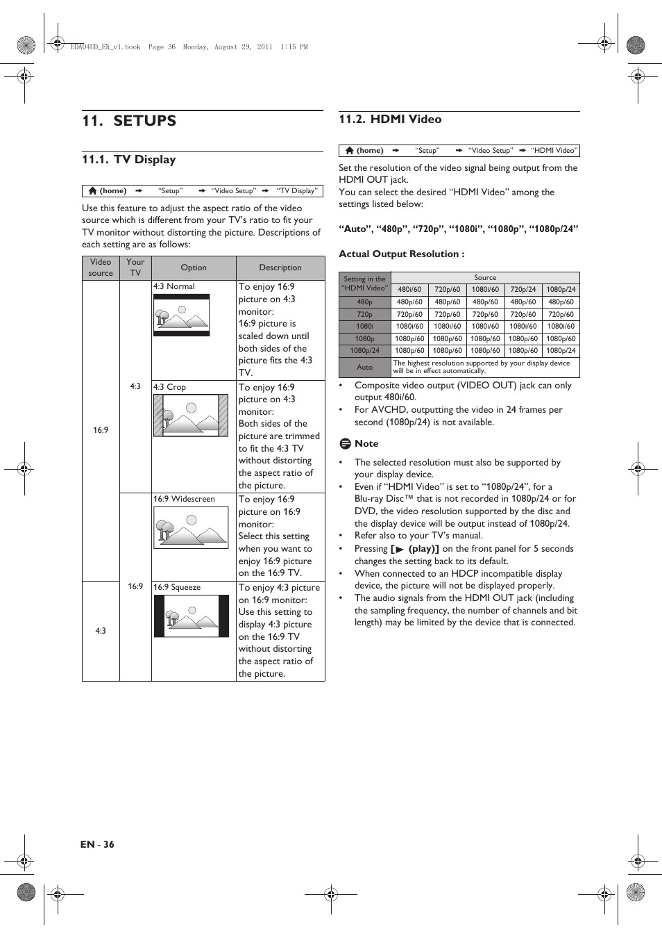 Setups, Tv display, Hdmi video | Philips HTS3306/F8 User Manual | Page 36 / 56