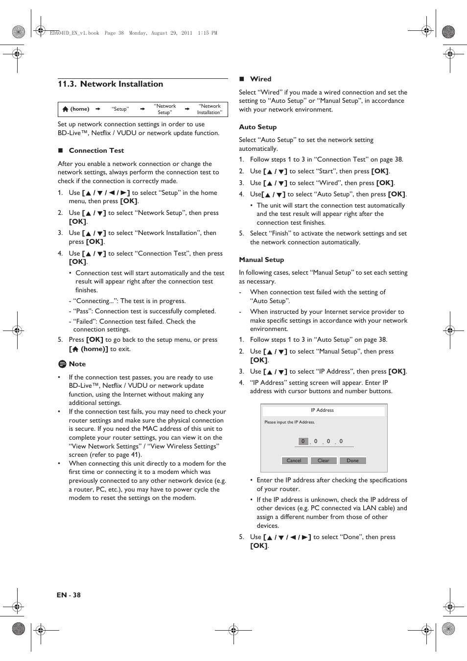 Network installation | Philips HTS3306/F8 User Manual | Page 38 / 56