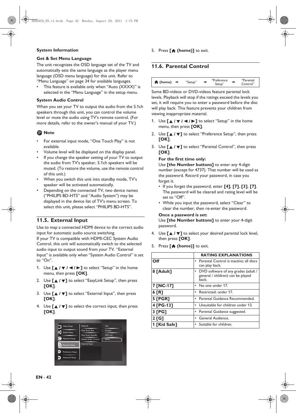 External input, Parental control | Philips HTS3306/F8 User Manual | Page 42 / 56