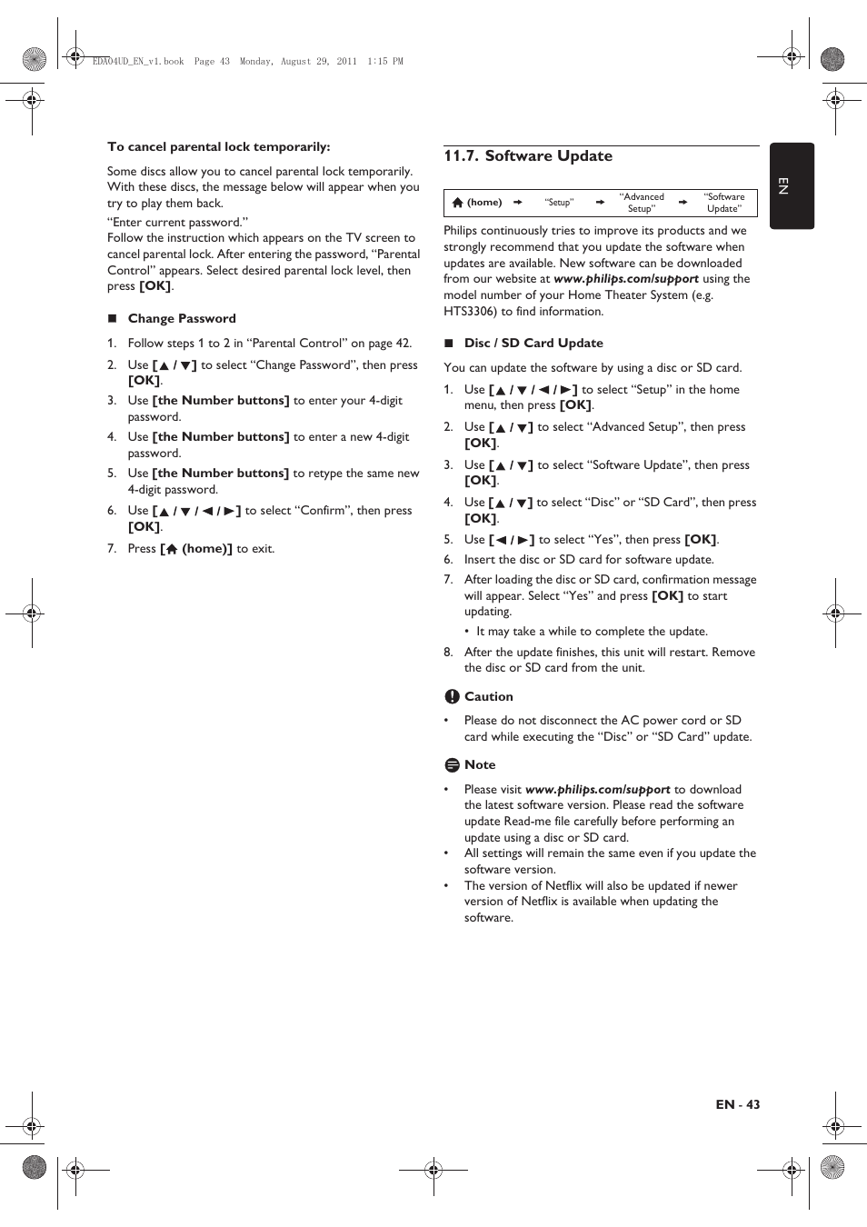 Software update | Philips HTS3306/F8 User Manual | Page 43 / 56