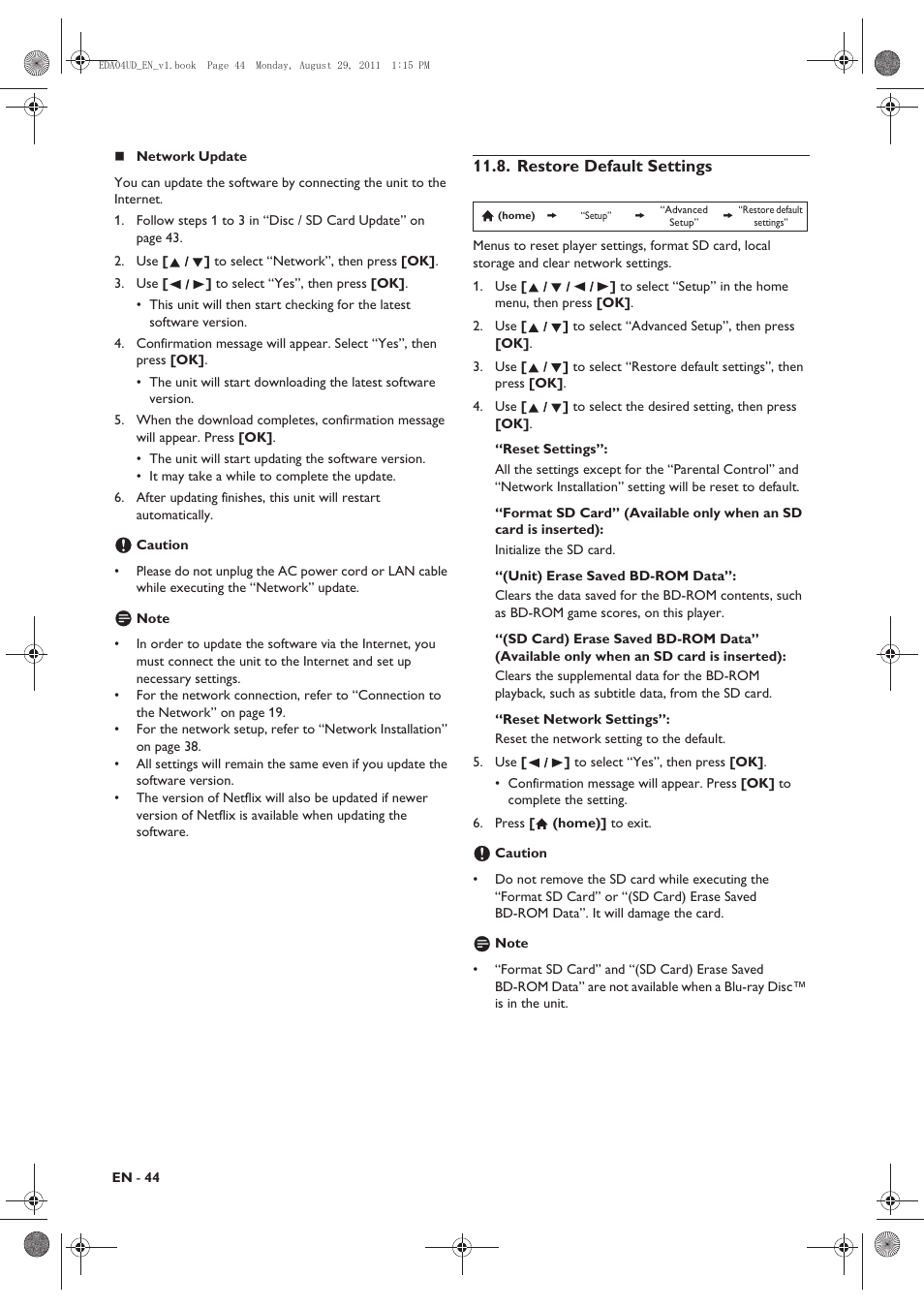 Restore default settings | Philips HTS3306/F8 User Manual | Page 44 / 56